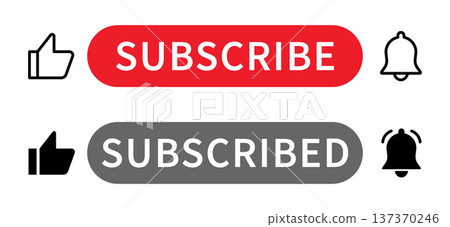 Subscribe and Subscribed rounded button with like icon and notification bell activation concept social media channel follow interface UI elements for web and mobile apps 137370246