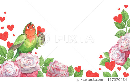 A rectangular frame featuring a cute parrot holding a Valentine's card among roses 137370484