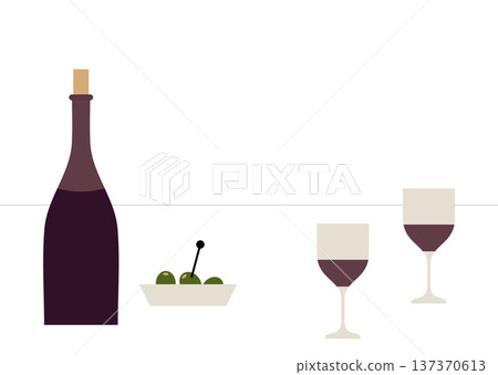 Illustration of wine and olives on the table 137370613