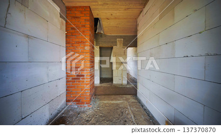 New house construction with gas silicate blocks and red brick walls inside New house construction with gas silicate blocks and red brick walls inside 137370870