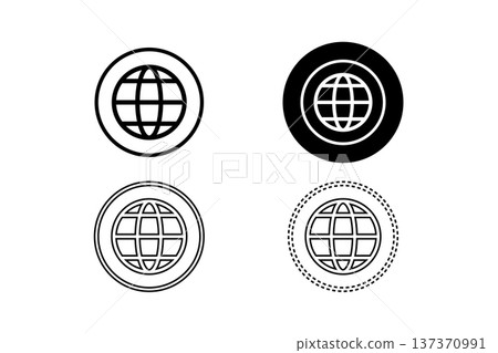 Globe Icon Set With Internet Web Network Symbols Minimal Black and White Circular Buttons 137370991