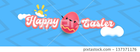 Happy Easter horizontal banner with cute smiling egg character. Funny easter cartoon illustration with sun and clouds on blue sky background for kids holiday celebration. Vector graphic art. Happy Easter horizontal banner with cute smiling egg character. Funny easter cartoon illustration with sun and clouds on blue sky background for kids holiday celebration. Vector graphic art. 137371176