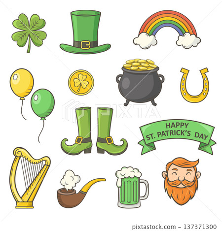 St. Patrick's Day vector icon set with shamrock, leprechaun, pot of gold and Irish symbols St. Patrick's Day vector icon set with shamrock, leprechaun, pot of gold and Irish symbols 137371300