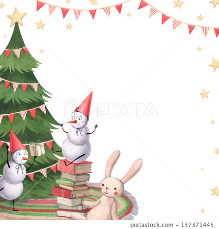 A frame with cheerful snowmen decorating the tree and reading letters A frame with cheerful snowmen decorating the tree and reading letters 137371445