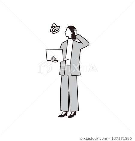 A female business person standing with a laptop computer and worrying about work A female business person standing with a laptop computer and worrying about work 137371590