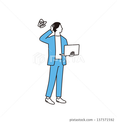 A male business person standing with a laptop and worrying about work A male business person standing with a laptop and worrying about work 137371592