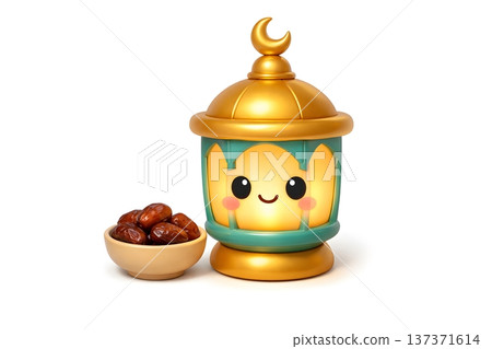 Golden lantern with smiling face and bowl of dates for Ramadan 137371614
