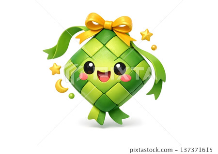 Vibrant green ketupat mascot with cheerful expression and festive gold bow 137371615