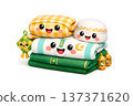 Cute cartoon characters celebrating Eid with traditional towels and decorations 137371620