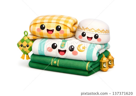 Cute cartoon characters celebrating Eid with traditional towels and decorations 137371620