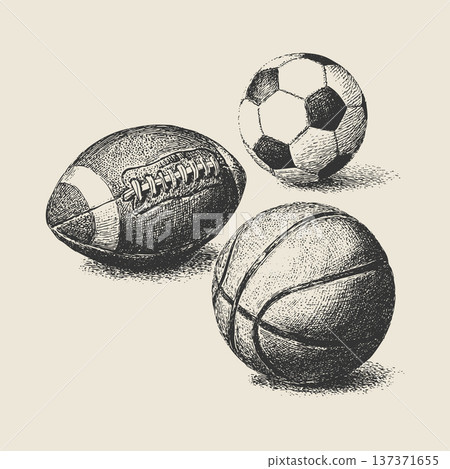 Sport Balls Set Urban Ink Sketch Vector Illustration Soccer Basketball Rugby Line Art Design 137371655