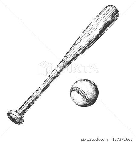 Baseball Bat and Ball Urban Ink Sketch Drawing, Retro Vector Illustration 137371663