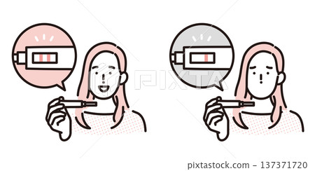 一幅簡單的插圖，描繪了一位女性查看妊娠測試結果的情景。圖中對比了陽性和陰性結果。向量圖。 137371720