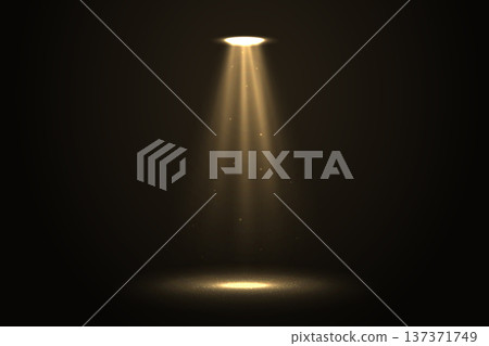 Dramatic golden spotlight beam in dark empty space Dramatic golden spotlight beam in dark empty space 137371749