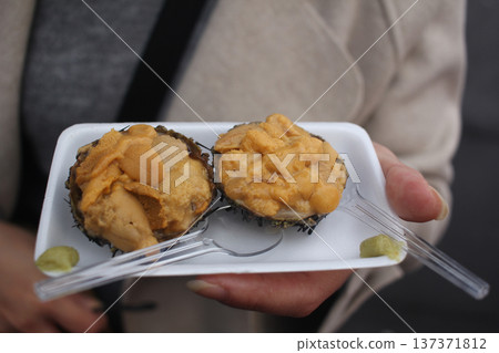 Fresh sea urchin (uni) served directly in its shell on a small plate at a seafood market in Sapporo, Hokkaido, Japan Fresh sea urchin (uni) served directly in its shell on a small plate at a seafood market in Sapporo, Hokkaido, Japan 137371812