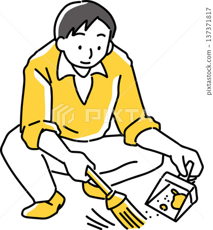 A man collecting dust with a broom and dustpan A man collecting dust with a broom and dustpan 137371817