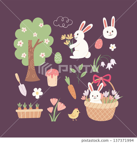 Easter spring vector element set. Cute flat bunny, chick, egg, flower and carrot illustration. Holiday clipart collection for sticker, nursery decor and greeting design. Easter spring vector element set. Cute flat bunny, chick, egg, flower and carrot illustration. Holiday clipart collection for sticker, nursery decor and greeting design. 137371994