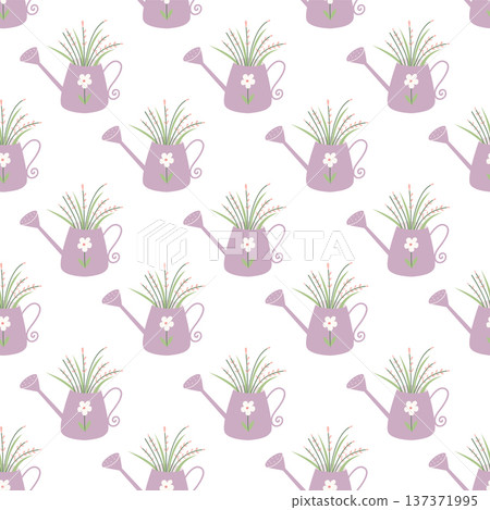 Watering can seamless pattern vector. Cute flat garden watering can with flower illustration. Spring floral repeat background for fabric, textile and wallpaper design. 137371995