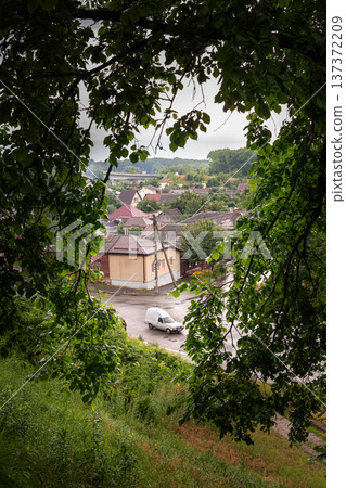 Small Town Houses Seen Through Green Tree Branches Small Town Houses Seen Through Green Tree Branches 137372209