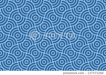 Seamless pattern with blue overlapped circles in traditional Asian style. Background with sea or ocean water, dragon or fish scale texture. Abstract oriental ornament. Vector flat illustration 137373260