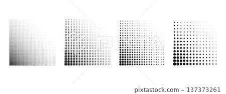 Set or square shapes with faded polka dot texture in corners. Edge shadows with gradient halftone effect for manga comic page design isolated on white background. Vector graphic illustration 137373261