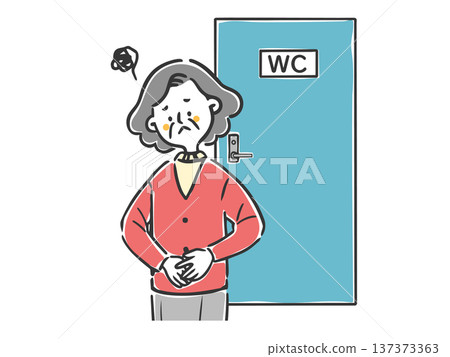 Illustration of a senior woman in trouble in front of the toilet, upper body, vector 137373363