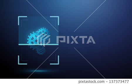 3d gears inside digital scanning frame with horizontal scan line. System diagnostics, process analysis, workflow monitoring, operational efficiency evaluation concept. 137373477