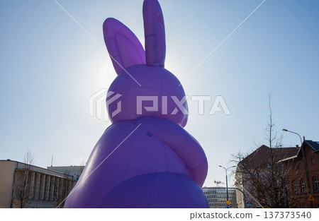 Giant inflatable purple Easter bunny statue standing in city center. Traditional Easter celebration city decoration. Giant inflatable purple Easter bunny statue standing in city center. Traditional Easter celebration city decoration. 137373540
