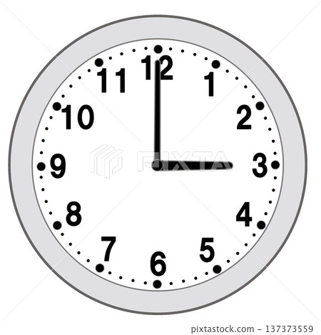 Illustration of a simple circular wall clock showing 3 o'clock 137373559