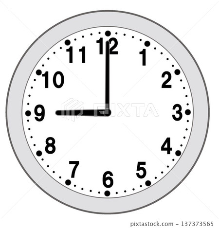 Illustration of a simple circular wall clock showing 9 o'clock Illustration of a simple circular wall clock showing 9 o'clock 137373565