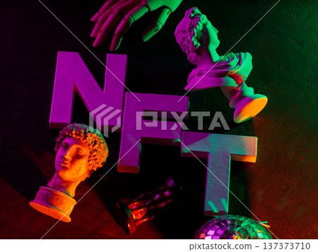 Colorful NFT letters with classical sculpture busts under vibrant neon lighting effect Colorful NFT letters with classical sculpture busts under vibrant neon lighting effect 137373710
