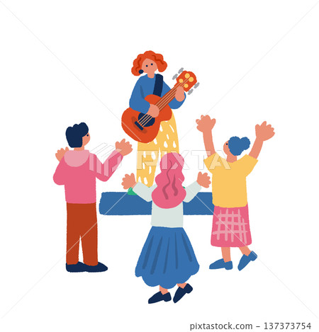 色彩鮮豔的扁平化插畫，描繪了人們欣賞街頭表演的場景。 137373754