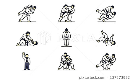 柔道技巧與動作圖示集（共9個）| 投擲技巧、壓制、防禦技巧、裁判、武術圖示系列，透明PNG格式 137373952