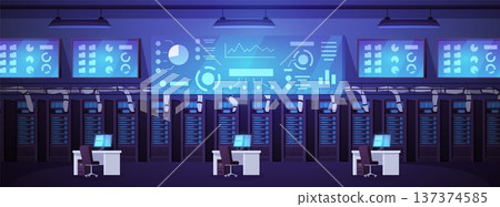 Data center with server racks, engineer workstations, and illuminated monitoring screens. Data center with server racks, engineer workstations, and illuminated monitoring screens. 137374585