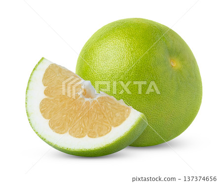 Green citrus sweetie fruit and a slice of sweetie grapefruit, pomelo, pomelit or oroblanco isolated. 137374656