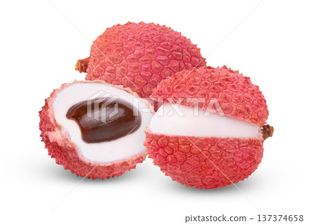 Fresh lychees with clipping path. Whole pink lychee, half of lychee with seed and opened lychee isolated. Fresh lychees with clipping path. Whole pink lychee, half of lychee with seed and opened lychee isolated. 137374658