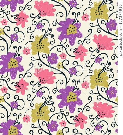 Vivid seamless pattern with hand drawn abstract flowers vine on beige background. Artistic grunge brush strokes trailing floral design 137374916