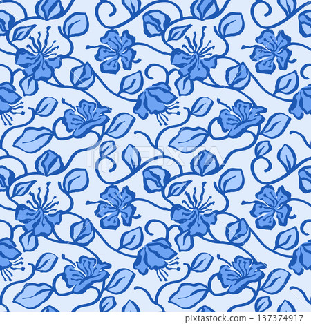 Seamless monochrome blue pattern with hand drawn abstract capparis flowers and leaves vine. Artistic brush strokes trailing floral design Seamless monochrome blue pattern with hand drawn abstract capparis flowers and leaves vine. Artistic brush strokes trailing floral design 137374917