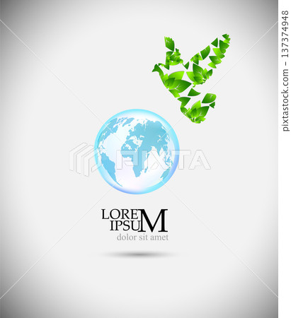 Dove made of green leaves and the globe. Green Bird Creative Eco Symbol Concept abstract. Hand drawn. Not AI, vector illustration. Dove made of green leaves and the globe. Green Bird Creative Eco Symbol Concept abstract. Hand drawn. Not AI, vector illustration. 137374948