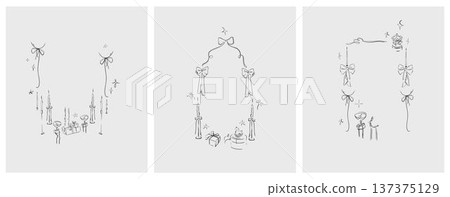 Hand drawn vector abstract outline,graphic,line celebration ornament party frames set in drawing elegant style.Elegant decoration vintage outline design isolated.Birthday,Christmas,party frames design 137375129