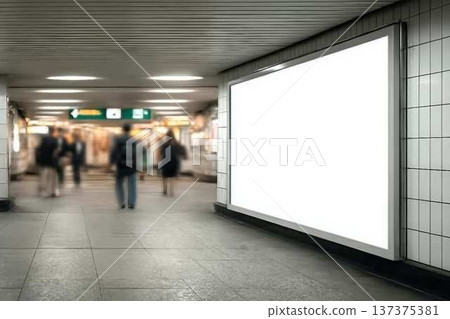 A photorealistic mockup of a blank billboard in a subway station with people walking in the background. Ideal for showcasing advertisements, posters, or branding campaigns in a real urban environment. A photorealistic mockup of a blank billboard in a subway station with people walking in the background. Ideal for showcasing advertisements, posters, or branding campaigns in a real urban environment. 137375381
