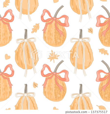 Vector seamless pattern with cute hand-drawn pumpkins in soft autumn colors. Farm, harvest, and Thanksgiving holiday design. Rustic fall vegetable print. Vector seamless pattern with cute hand-drawn pumpkins in soft autumn colors. Farm, harvest, and Thanksgiving holiday design. Rustic fall vegetable print. 137375517