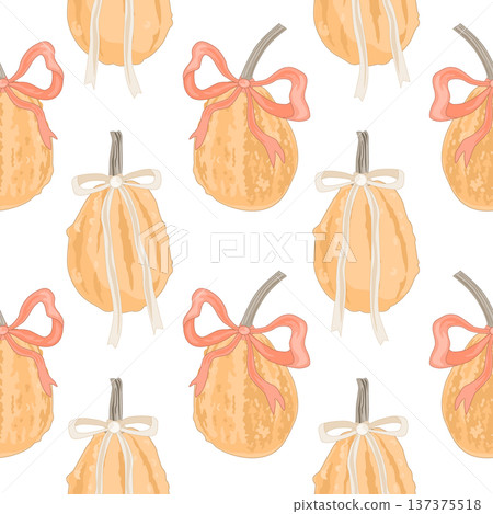 Vector seamless pattern with cute hand-drawn pumpkins in soft autumn colors. Farm, harvest, and Thanksgiving holiday design. Rustic fall vegetable print Vector seamless pattern with cute hand-drawn pumpkins in soft autumn colors. Farm, harvest, and Thanksgiving holiday design. Rustic fall vegetable print 137375518