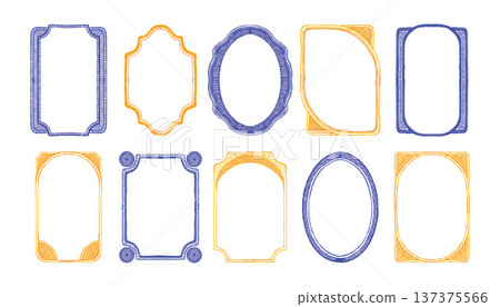Watercolor vintage doodle frame, hand drawn elegant wedding invitation border, blue yellow decor set 137375566