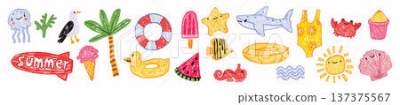 Summer beach kids illustration set, hand drawn sea coastal funny scribble naive childish marine icon 137375567
