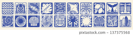 Summer ocean stamp, hand drawn vector tropical vacation sticker set, vintage blue square mosaic.  137375568