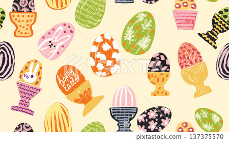 Easter egg seamless pattern, spring holiday decorative background, hand drawn childish festive print 137375570