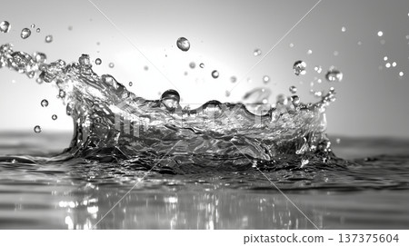 Sparkling water splashes and a water crown (close-up, fresh, dynamic) 137375604