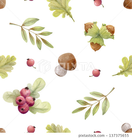 Autumn forest seamless pattern with leaves, berries, mushrooms and hazelnuts. Hand drawn watercolor botanical fall background. Autumn forest seamless pattern with leaves, berries, mushrooms and hazelnuts. Hand drawn watercolor botanical fall background. 137375655
