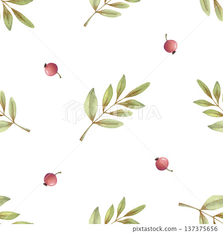 Cozy watercolor seamless pattern with red berries and green leaves. Hand drawn botanical background for fabric and wrapping paper. Cozy watercolor seamless pattern with red berries and green leaves. Hand drawn botanical background for fabric and wrapping paper. 137375656